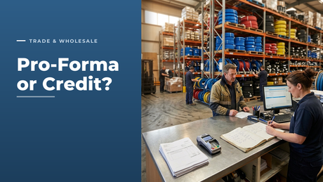 Trade counter and order desk in a hose distribution warehouse with invoices, a card machine and a ledger