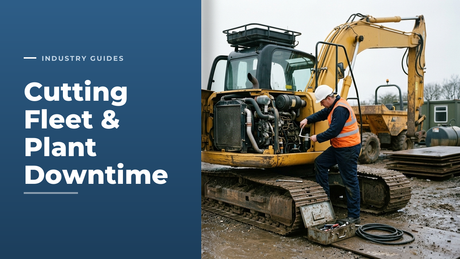 Plant fitter working in the open engine bay of a tracked excavator in a construction yard, beside the headline Cutting Fleet & Plant Downtime