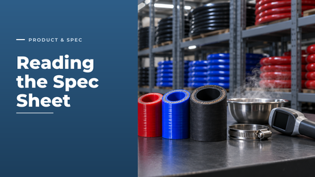 Cut samples of red and blue silicone hose and black reinforced rubber hose on a hose warehouse QC bench beside a steaming bowl of water, a stainless worm drive clip and an infrared thermometer, with racking of hose coils behind