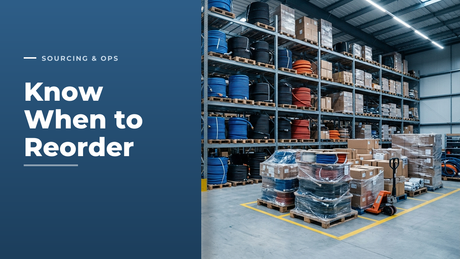 Warehouse racking and goods-in area of a hose distributor, stacked with coiled silicone and rubber hose, beside the headline Know When to Reorder