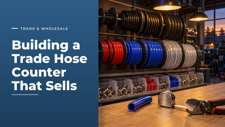Trade hose counter display wall with reels of black rubber, red and blue silicone and clear reinforced PVC hose above bins of hose clips, with a cut silicone hose, tape measure and hose cutters on the counter