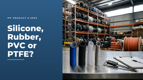 Silicone, rubber, clear braided PVC and stainless-braided PTFE hose samples on a QC bench in a hose distribution warehouse