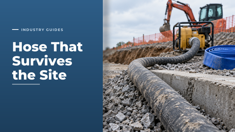 Scuffed black rubber suction hose laid over crushed stone and a concrete kerb on a groundworks site, running to a yellow site pump, with a coil of blue PVC layflat hose and an excavator behind